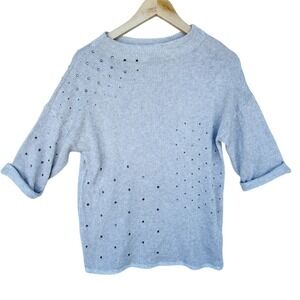 NIC+ZOE Women's Beige Studded Knit Sweater Petite Small 3/4 Sleeve Casual‎